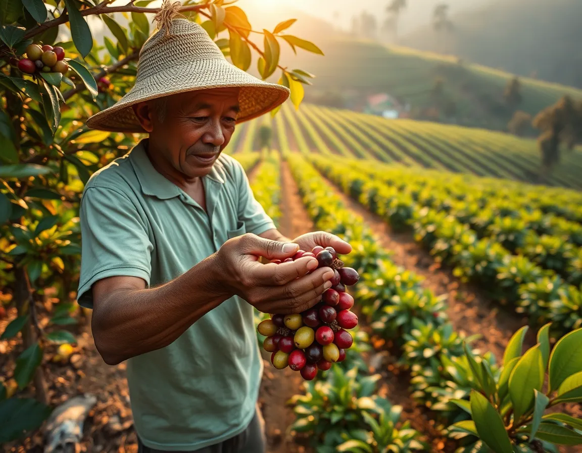 Farmer harvesting coffee cherries on the Bolaven Plateau