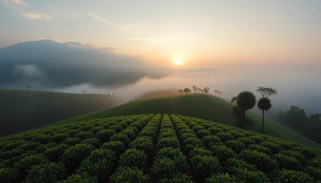 Misty coffee plantation on the Bolaven Plateau at sunrise